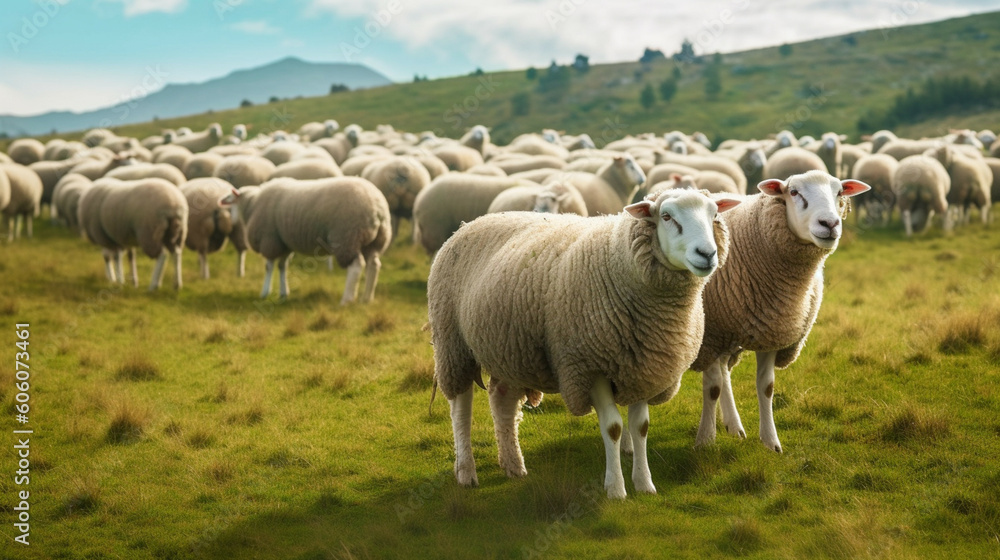 Flock of sheep grazing on a field of farmland.
Natural healthy food and organic farming concept. Flock of sheep grazing on a field of farmland.
Natural healthy food and organic farming concept.