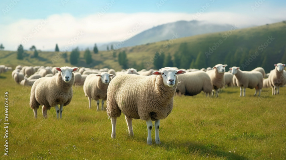 Flock of sheep grazing on a field of farmland.
Natural healthy food and organic farming concept.