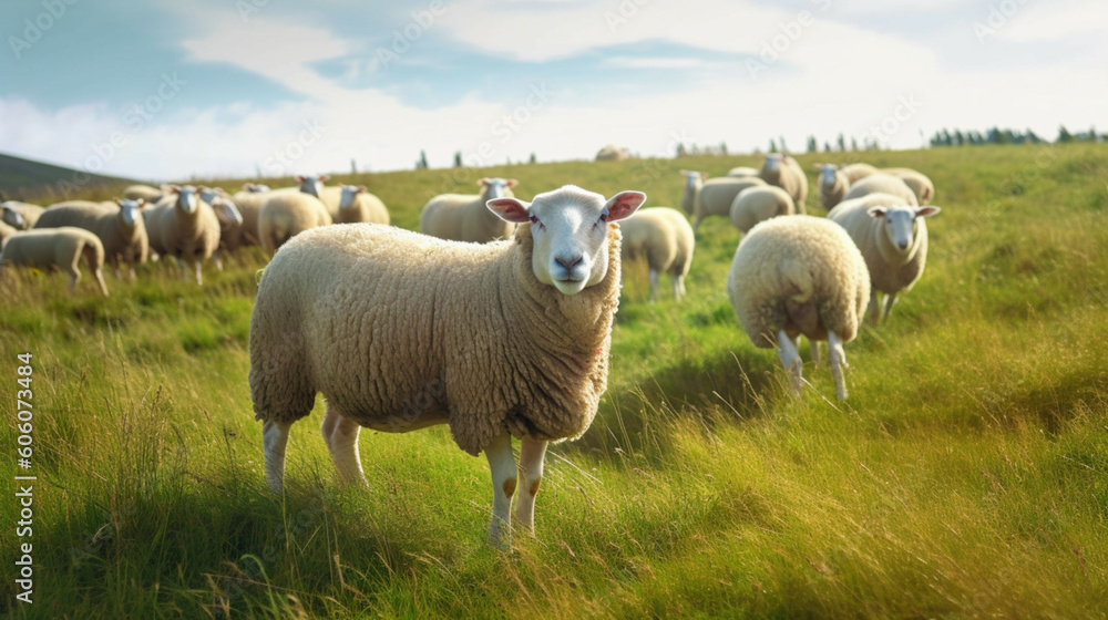 Fototapeta premium Flock of sheep in a meadow in the light of sunset. Natural healthy food and organic farming concept.