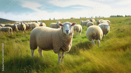Flock of sheep in a meadow in the light of sunset.
Natural healthy food and organic farming concept. photo
