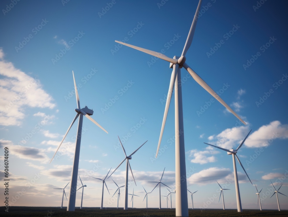 Fototapeta premium Wind turbines generating electricity with blue sky, energy conservation concept. Generative AI