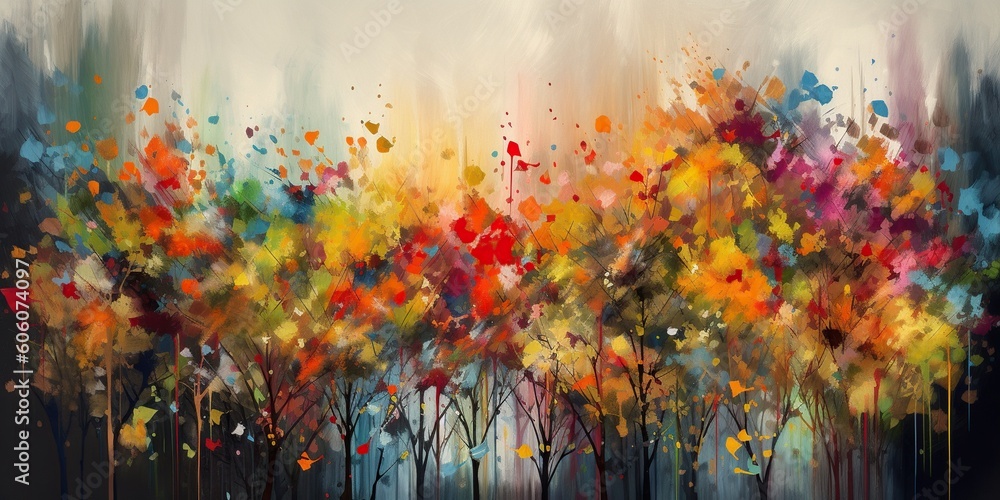 A vibrant, surreal scene of trees with multicolored autumn leaves made of floating paintbrushes, symbolizing the artistry of nature, concept of Harmony of Color, created with Generative AI technology