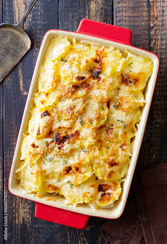 Potato casserole with cheese and cream. Vegetarian food. French food. Gratin dauphinois.