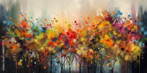 A vibrant, surreal scene of trees with multicolored autumn leaves made of floating paintbrushes, symbolizing the artistry of nature, concept of Harmony of Color, created with Generative AI technology © koldunova