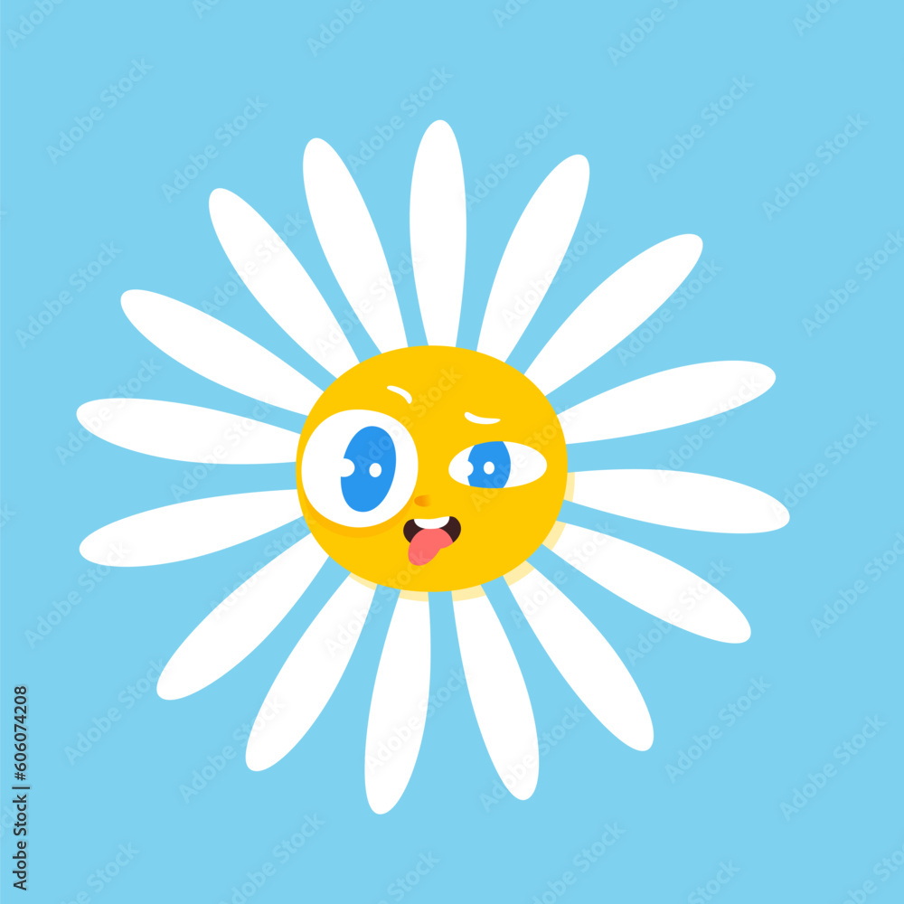 Cute daisy flower character, funky yellow face of chamomile, summer garden flower