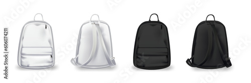 Black and white backpack design front and back view set. College or school rucksack mockup vector illustration. Realistic youth pack of fabric for study or sport isolated on white background