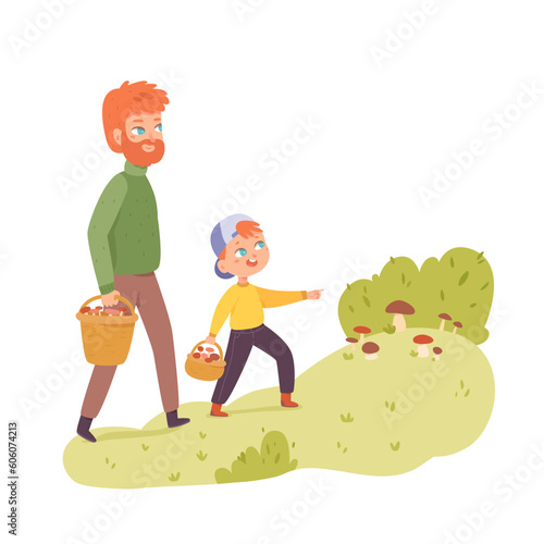 Father and son collect edible forest mushrooms, dad and boy carry baskets with porcini