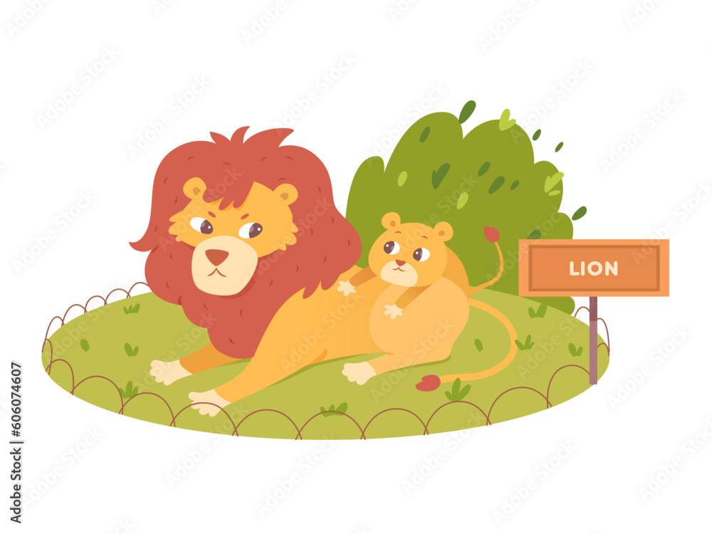 Lions sitting together on green lawn of zoo, funny family scene with big king dad and cub Lions sitting together on green lawn of zoo, funny family scene with big king dad and cub