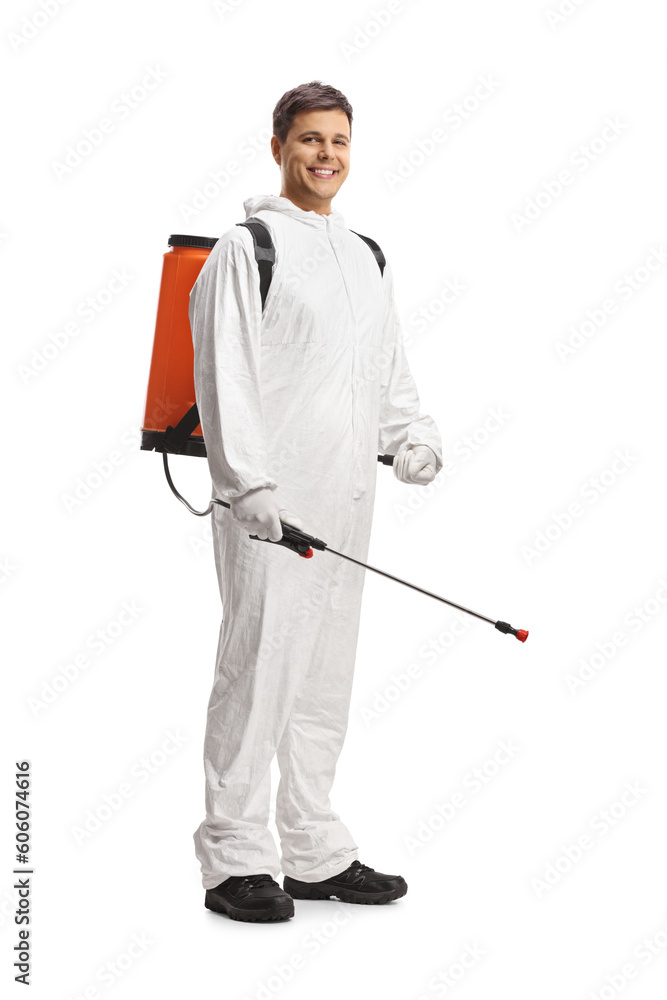 Full length shot of a pest control professional in a white suit Full length shot of a pest control professional in a white suit