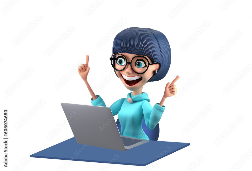 3d icon happy young cartoon woman sitting at her workplace threw up her hands in triumph, rejoicing at the completed task. Successfully completed task isolated background transparent png Generative ai
