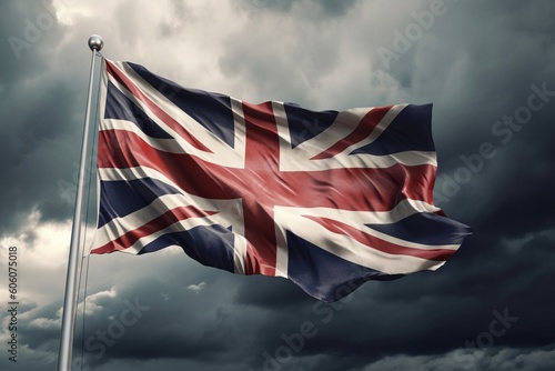 曇り空をバックに風にはためくイギリスの国旗：AI作品
