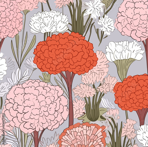 colorful hand-painted carnation contemporary modern vector illustration bright seamless pattern wallpaper, textile printing