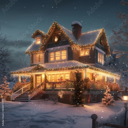 House decorated with Christmas lights (ai generated)
