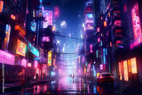 "City of Neon Dreams": A futuristic metropolis ablaze with neon lights, pulsating with vibrant energy.