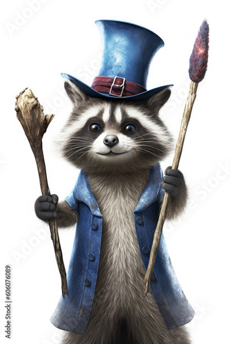 Raccoon with top hat and staff isolated on a white background Generative AI