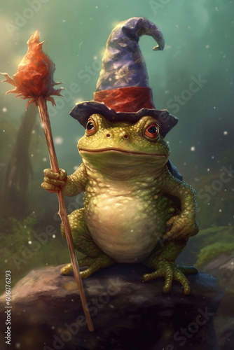 Frog with hat in a forest cartoon character Generative AI