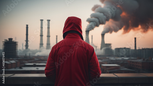  A man wearing a jacket, seen from behind, stands amidst a backdrop of a factory and billowing air pollution. Evoking a powerful narrative, this photo captures the intersection of industry 