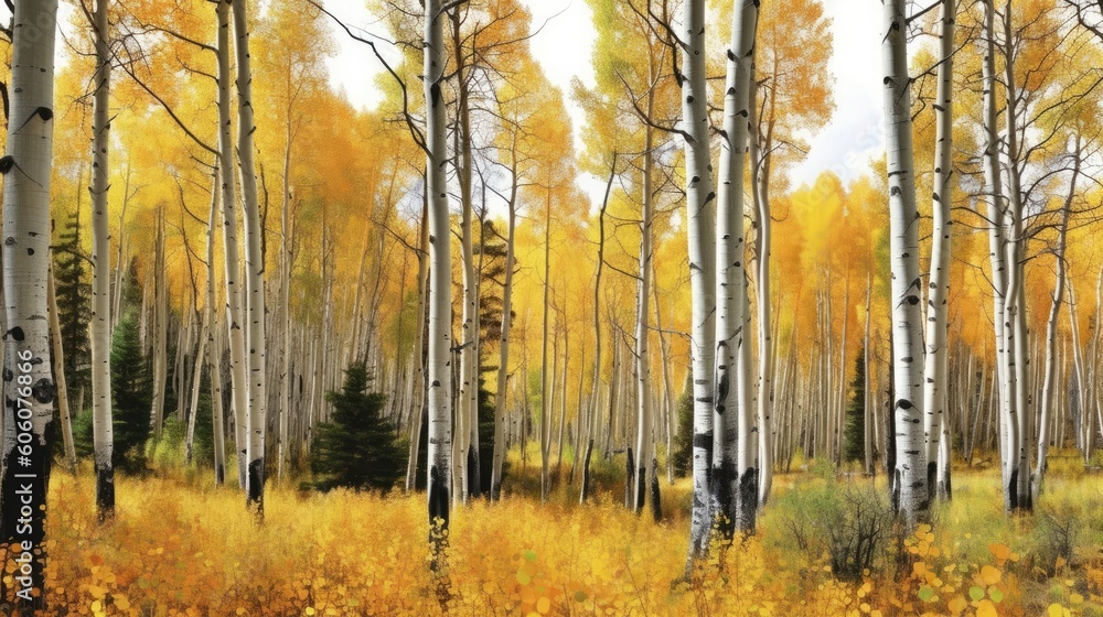 Fototapeta premium an Abstract Horizontal background, Aspen forest with warm colors, ambers, yellows, and oranges, as a background. Liquid flow texture. Nature-themed, photorealistic illustrations in JPG. Generative AI