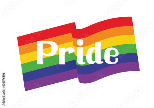 LGBTQ Pride text on rainbow flag.