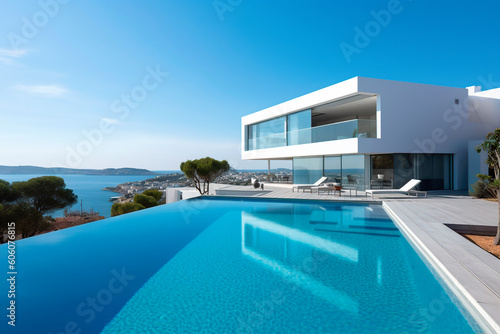 Sea view. Luxury modern swimming clear blue pool in a resort. vacation home or hotel. Generative ai Edited