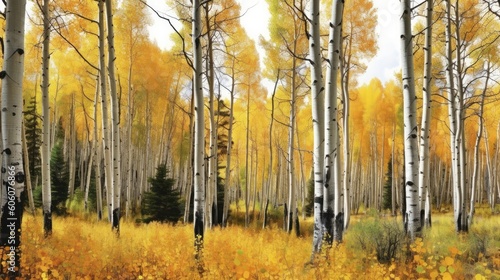 an Abstract Horizontal background, Aspen forest with warm colors, ambers, yellows, and oranges, as a background. Liquid flow texture. Nature-themed, photorealistic illustrations in JPG. Generative AI