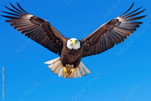  a bald eagle soaring through the air with its wings spread out and it's wings spread out, with a blue sky in the background.  generative ai photo