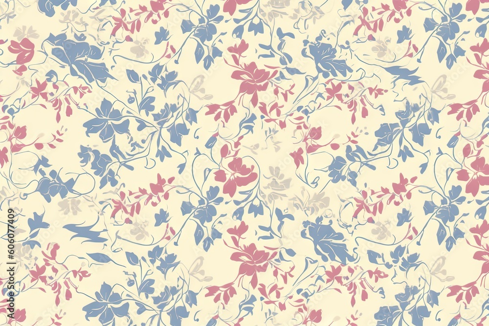a floral pattern with blue and pink flowers on a cream background with ...