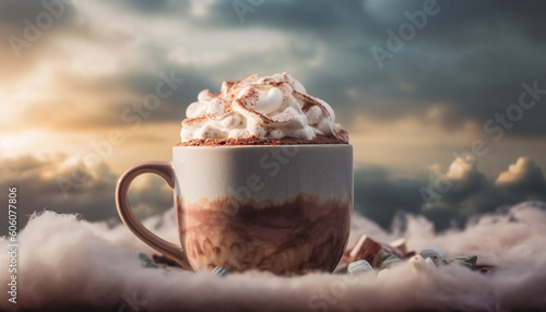 Whipped cream, chocolate, and coffee in mug generated by AI