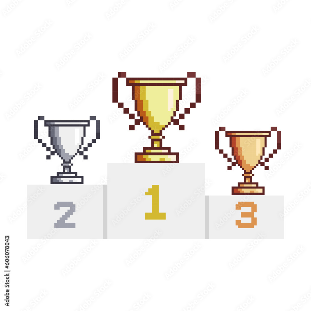 Winners podium with trophy, gold silver and bronze trophy cup 8 bit Winners podium with trophy, gold silver and bronze trophy cup 8 bit