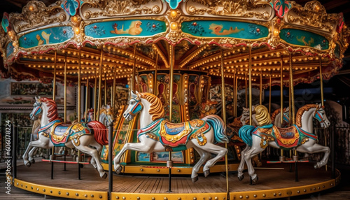 Spinning carousel horses bring childhood joy outdoors generated by AI