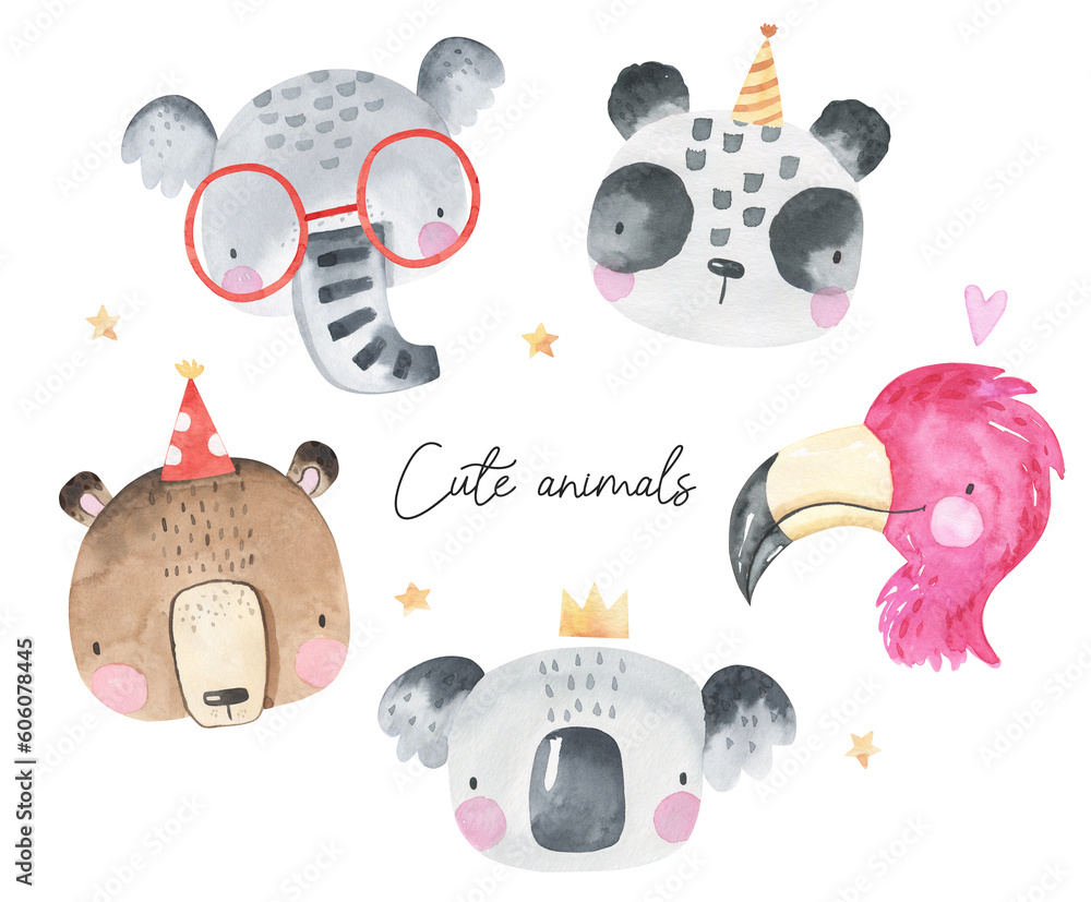 Samolepka Watercolor baby illustration of cute funny animals, African, forest