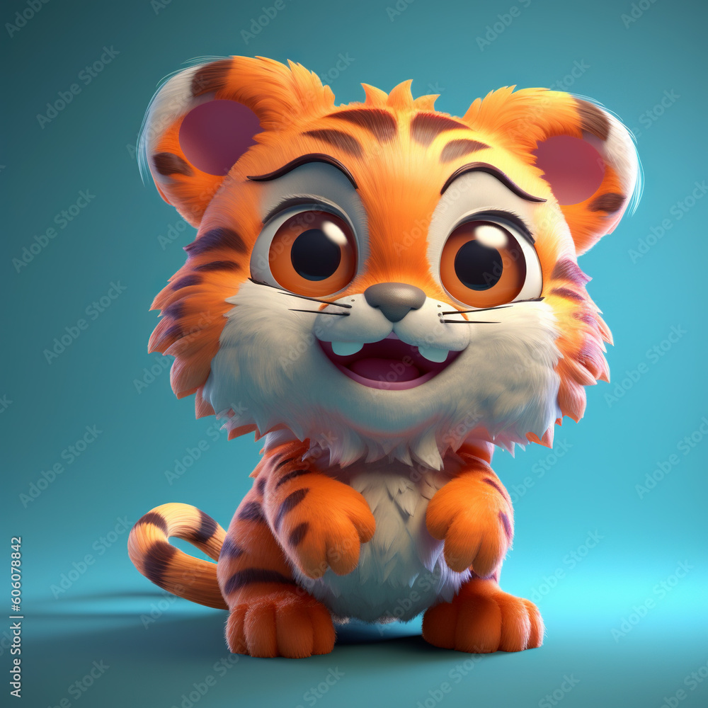 Cute little cartoon tiger against solid gradient background - generative AI, AI generated