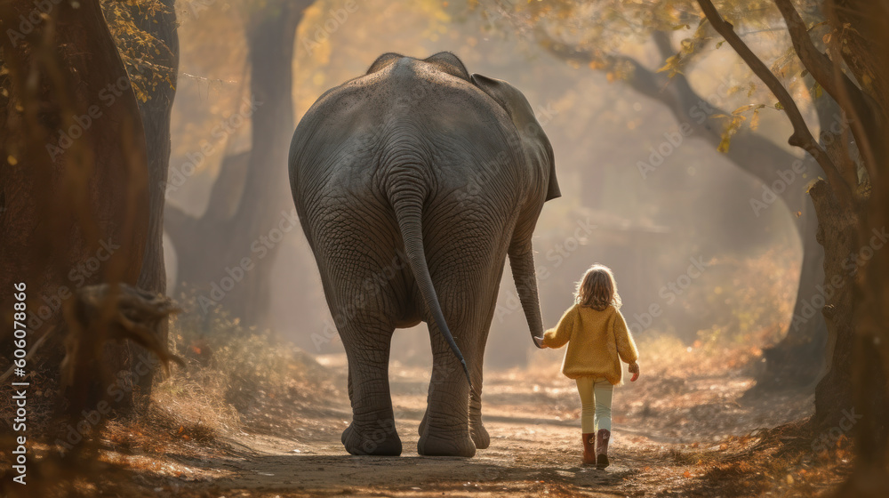 A Whimsical Friendship: A Little Girl and Her Majestic Elephant Companion. Generative AI - obrazy, fototapety, plakaty 