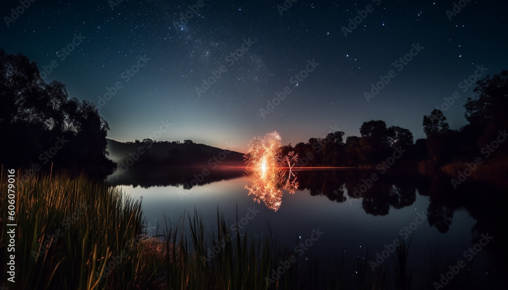 Milky Way galaxy shines over tranquil pond generated by AI Milky Way galaxy shines over tranquil pond generated by AI