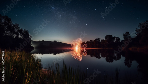 Milky Way galaxy shines over tranquil pond generated by AI