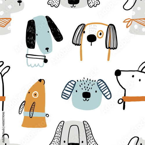 Vector hand-drawn seamless repeating childish simple pattern with cute dogs in Scandinavian style on a white background. Children's texture with dogs, dogs print. Pets. Puppy. Funny animals sketch.