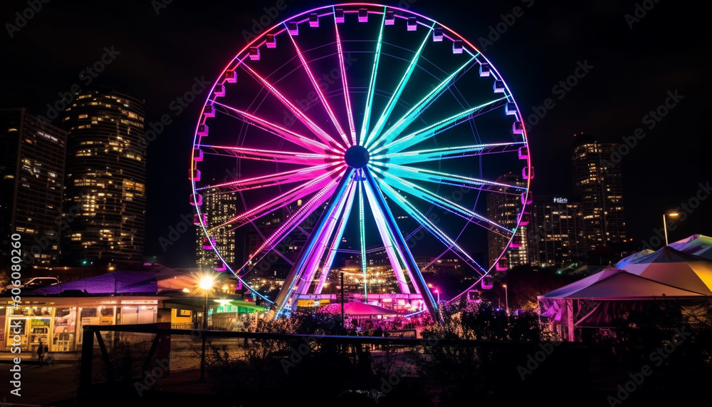 Spinning wheel of joy, vibrant colors illuminate generated by AI