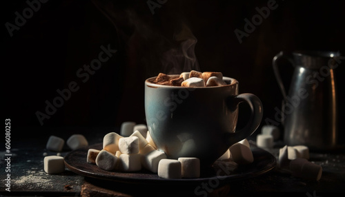 Wallpaper Mural Hot coffee steams on rustic wood table generated by AI Torontodigital.ca