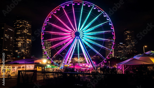 Spinning wheel of joy, vibrant colors illuminate generated by AI