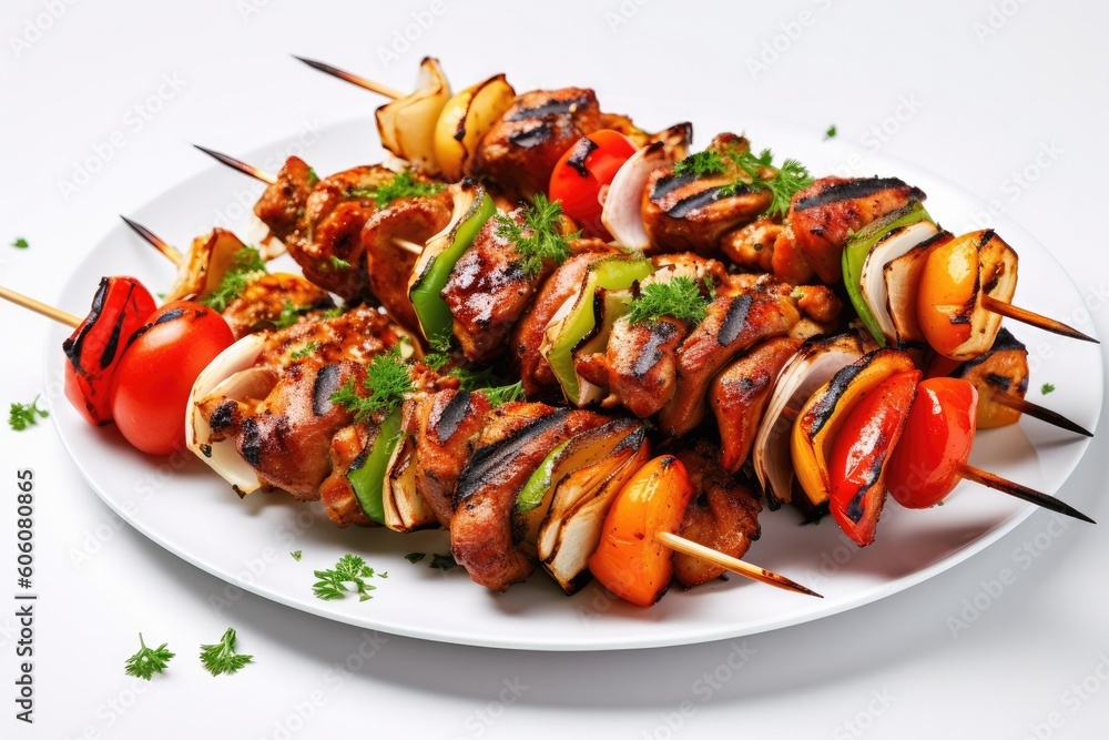 Delicious Grilled Chicken Skewers on a White Background Generative AI