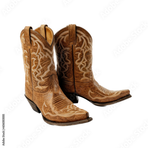 Cowboy boots, full grain leather, Western-themed, photorealistic illustrations in a PNG, cutout, and isolated. Generative AI
