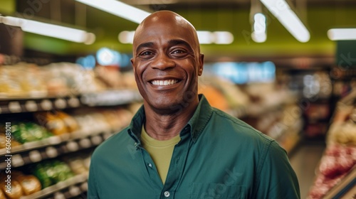 afro american adult man in supermarket, generative ai