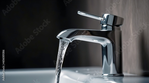 Open faucet with water on a dark background. Copy space. AI generation