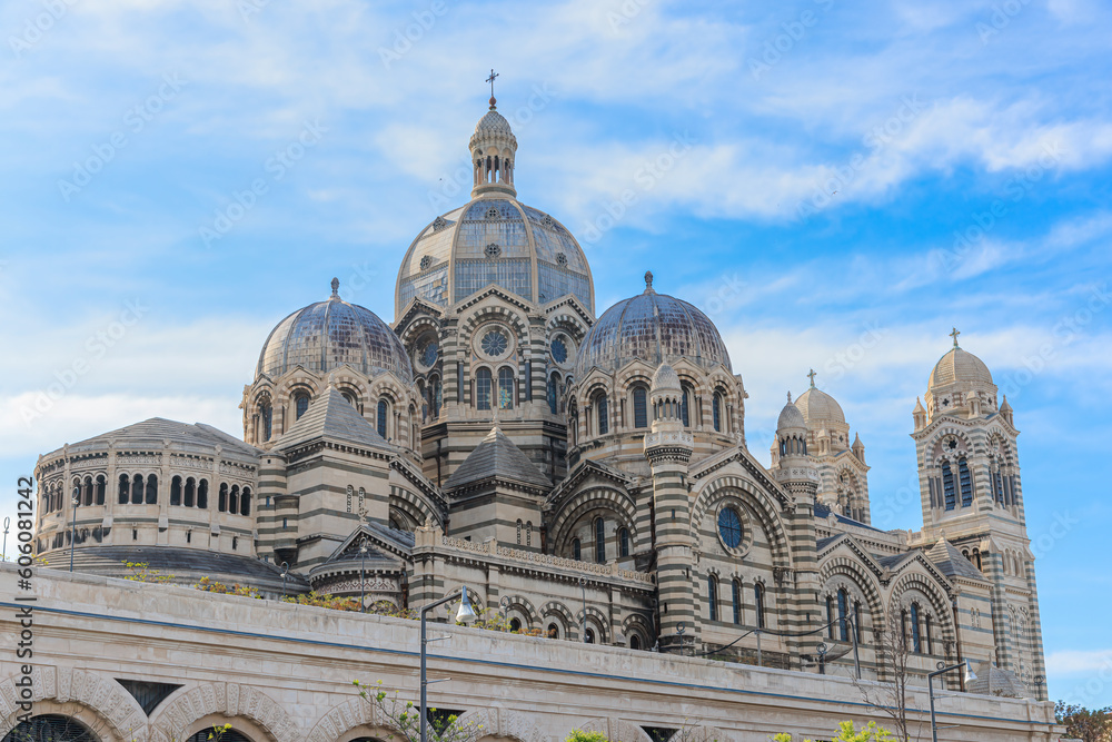 A scenics view of the cathédrale Sainte-Marie-Majeure (La Major) in Marseille, bouches-du-rhône, France under a majestic blue sky and some white clouds
