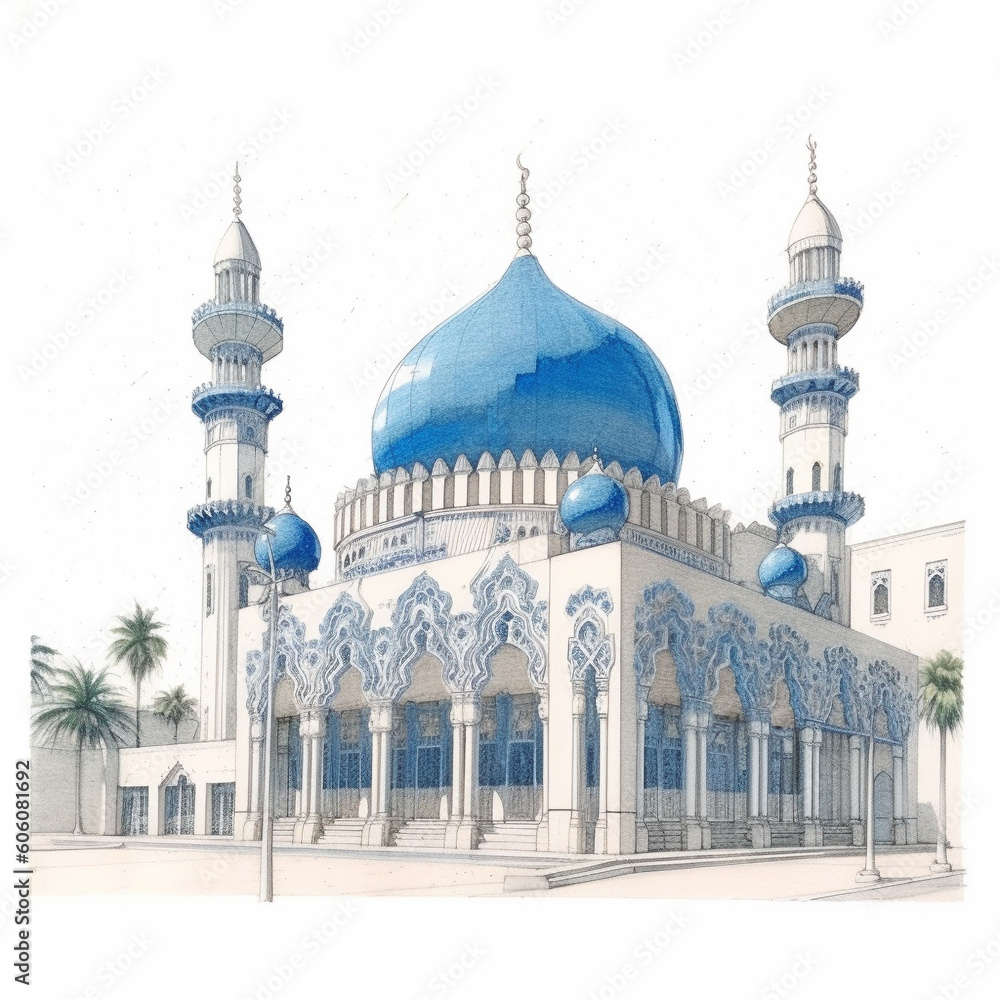 Obraz premium blue dome mosque on white background generative ai