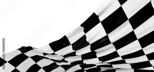 Checkered flag flying on blue background. Car race or motorsport rally flag. 3D wavy pattern background