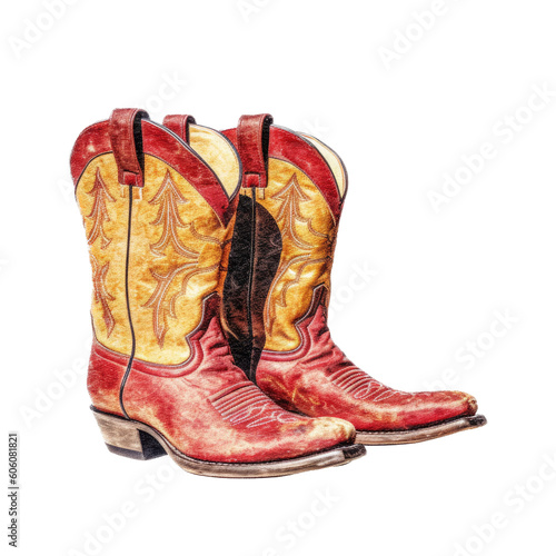 a top view multi-colored Cowboy boots, western wear, Western-themed, photorealistic illustrations in PNG. cutout, isolated. Generative AI