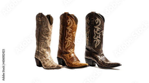 a top view multi-colored Cowboy boots, western wear, Western-themed, photorealistic illustrations in PNG. cutout, isolated. Generative AI