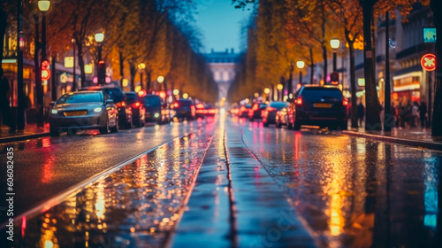 Blurred background Paris night street lights, Generative AI