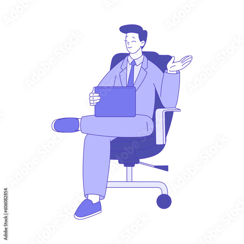 Business Man Character Sitting on Chair with Tablet Vector Illustration